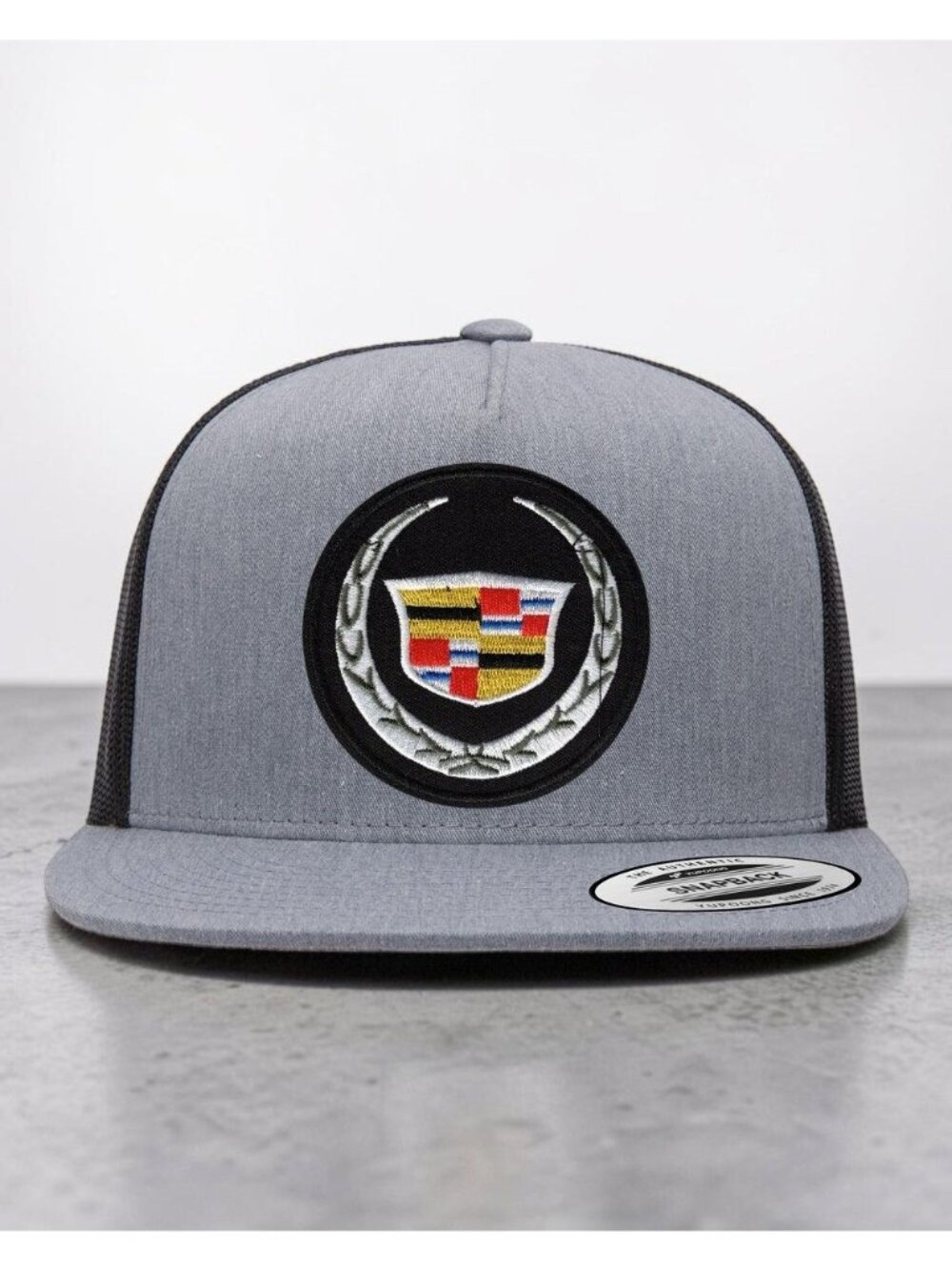 Cadillac Logo YP Classics 6006 Flat Bill Trucker Mesh Back Snapback grey/black